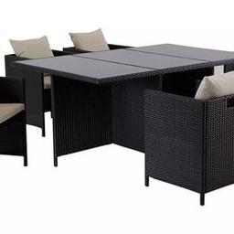 Cube 6 Seater Rattan Effect Patio Set - Black

💥ExDisplay, assembled, table flat packed💥Item is in very good overall condition item that have small cosmetic defects as marks, scratches classified as opened box and repacked.

Set seats 6 people .
Set made from rattan effect .
Store inside when not in use.
Cover or store inside in winter months to prolong life of the products.
Glass table top.
Table size: H72, W110, L170cm.
Removable legs for storage
Chair seat and back made from metal.
Size H66, W53, D53cm.
Seat height 43cm.
Seating area size W 52.5, D52.5cm.
110kg maximum user weight per chair
Includes 6 cushions.
Polyester and cream cushions.
Stain resistant

💥Check our other items💥