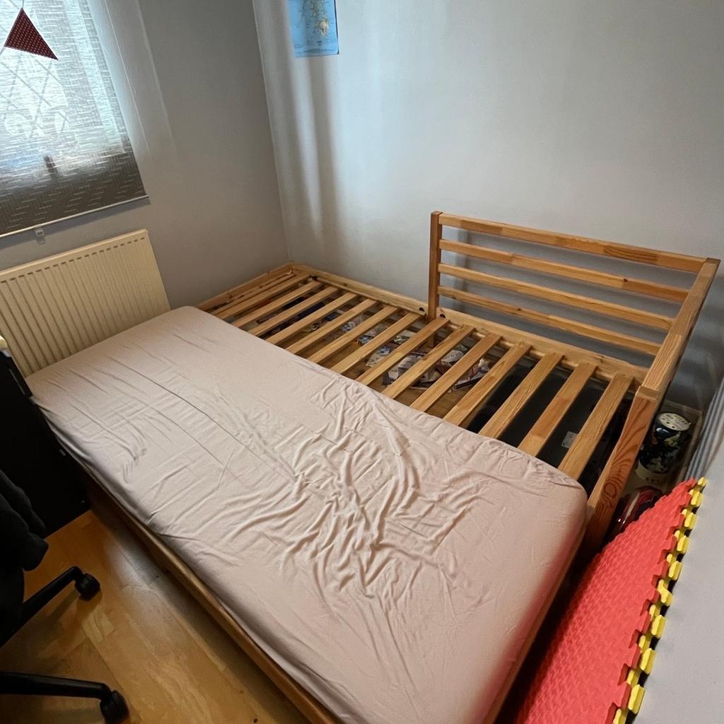 Selling our pre loved ikea single / double bed as we need to get a bunk bed for the 2 boys. Very good condition like new. For collection only and mattress not included. Will be dismantle before collection.