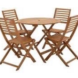 Newbury 4 Seater Folding Wooden Patio Set - Brown all new in box and was £245 and now £145 and we can deliver local 
Looking good in solid wood, this classic outdoor dining set is all ready for some al fresco fun. The slated table has a central hole to pop in a parasol. The table and 4 chairs fold down for easy stacking, storing and shifting
Wood table top. Size of chair H90, W46.5, D61cm
Table size: H73, .
Table diameter: 90cm.