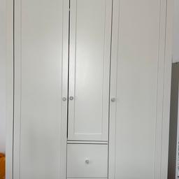 Double doors there’s a hanging rack and two shelf’s at side of draws and in the single door there’s a hanger with two shelf’s at bottom Wardrobe height 173cm 120cm width 
Got a few marks of wear 👆🏼in photos solid piece of furniture sad to have to sell this 

Will have to take the wardrobe down probably won’t fit down stairs up