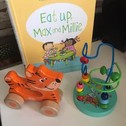 THIS IS FOR A SMALL BUNDLE OF TOYS

1 X BOARD BOOK EAT UP WITH MILLIE AND MAX
1 X ADDO WOODEN TIGER ON WHEELS
1 X SMALL WOODEN MAZE TOY

PLEASE SEE PHOTO - ALL USED BUT IN EXCELLENT CONDITION