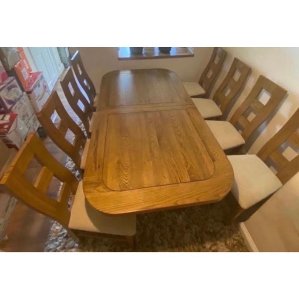 It’s like new, only selling it cos I’m moving out.
It has got 8 chairs, the table can be opened and it is oak.