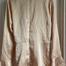 Brand new Boohoo satin high neck wrap frill sleeve blouse. Champagne. Size 12
