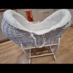 Welcome to the world. Quality Mammas & Pappas grey wicker moses basket with white Clair De Lune stand. Great condition and comes with cotton liner, foam mattress, mattress covers and blanket. From a pet and smoke free home. Collection only from M28, Worsley area.