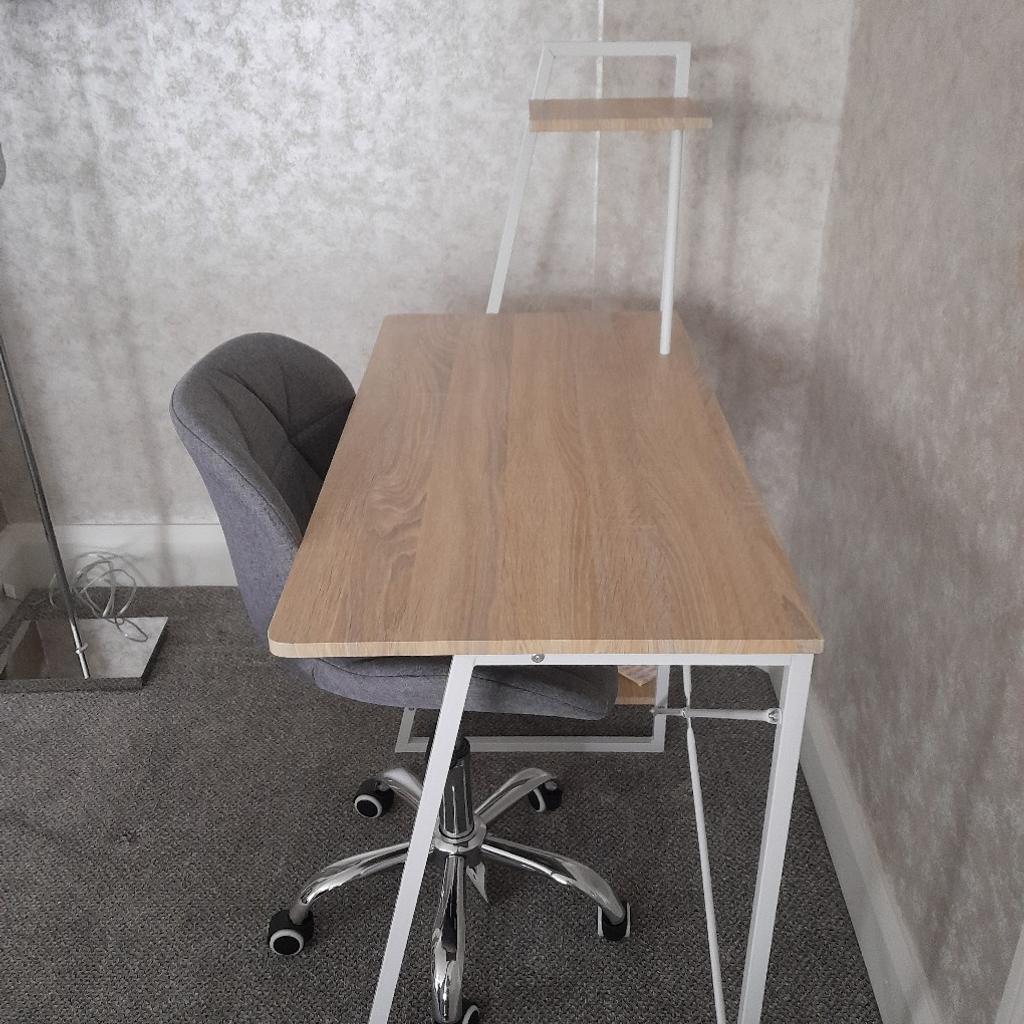 office table 1m in length and 50cm width.table height is 117cm but shelf can be removed to give height of 76cm.Grey chair is fully adjustable.Selling both together at this price.