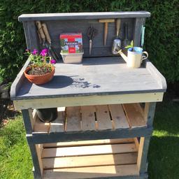 Handmade potting benches very sturdy benches equipped with bottle opener and hanging hooks any size available ok for indoor or outdoors . Painted stained or scorched ask me for a quote.