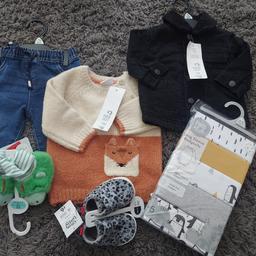 baby boys up to 3 months bundle. all new with tags and never worn 

jeans and wooly jumper outfit set 
Green fluffy booties 
Mickley mouse pram shoe trainers 
5 long sleeve bodysuits 
padded black denim jacket 

would make a great present or addition to winter wardrobe 

collection only. no offers. lots of items on oage as having a clear out