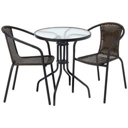 2 Seater Rattan Effect Balcony Set - Brown fully assembled but all new and we can deliver local but charge £10 delivery 
Perfect for relaxed, alfresco dining in your garden or on your balcony, this rattan effect garden set comes with two chairs and a frosted glass-topped table. Both decorative and functional, its ideal for smaller properties.