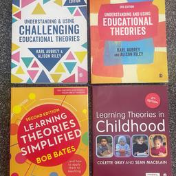 4 great educational learning theories books
All in super condition, one just has small crease mark and a worn corner
Books include:
Understanding and using challenging educational theories 2nd ed
Learning theories in childhood 2nd ed
Learning theories simplified 2nd ed
Understanding and using educational theories 3rd ed

More education books on my page
