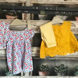 THIS IS FOR A BUNDLE OF GIRLS SETS

1 X WHITE TUNIC DRESS WITH MATCHING LEGGINGS - WASHED BUT NEVER WORN FROM GEORGE
1 X YELLOW LEGGINGS WITH WHITE SPOTS FROM GEORGE - WORN A COUPLE OF TIMES IN EXCELLENT CONDITION
1 X YELLOW TUNIC STYLE FROM PRIMARK - CIRCULAR PATTERN - NEW WITH TAGS - 0-3 MONTHS

PLEASE SEE PHOTO