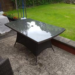 Royalcraft Rattan garden dining table,6 or 4 chairs, table only, glass top is perfect, table has little bits of damage on top but still fully functional and still looks good, size L 150cm, W 90cm, H 75cm No Delivery Collection Only, Reasonable Offer considered