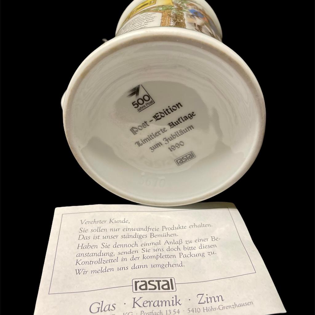 Limitierter Sammler Bierkrug mit Zinndeckel 500 Jahre Post

Nie benutzt, der Kontrollzettel von rastal ist noch drin

Limitierte Auflage von 1990

Tierfreier Nichtraucherhaushalt