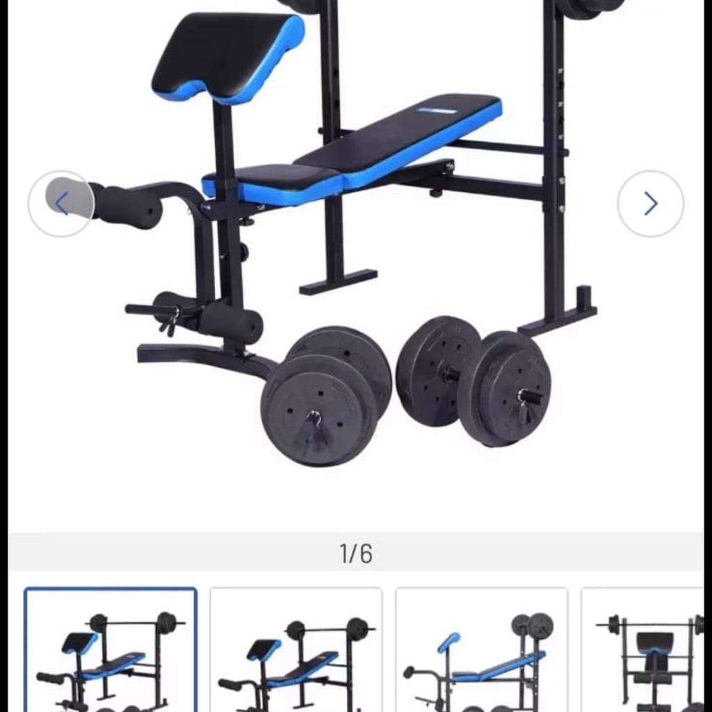 The ultimate workout package, this Pro Fitness Folding Workout Bench can help you reach your fitness goals. Perfect for weights exercises you can help build and tone a range of muscles including your chest, back, arms and shoulders. It also includes a detachable preacher curl and leg curl station, 1 x 165cm bar, 2 x 45cm dumbbell bars, 6 x 5kg, and 8 x 2.5kg vinyl weight plates. When you're finished it folds easily for storage.

The adjustable height preacher pad is perfect for bicep curls as well as a leg extension and hamstring curl attachment for helping build your lower leg muscles.
It folds completely flat when you're finished so you can store it easily.
Maximum user weight 110kg (17st 5lb).
General information:

Size H120, W95, D165cm.

HARDLY USED! EXCELLENT CONDITION.