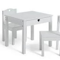 Mia Kids Table & 2 Chairs - White all new in box and we can deliver local 
 table and 2 chairs are terrific for a toddler's bedroom or the corner of the kitchen. Shall we draw, make paper planes or colour in today? Tidy away pencils, paints, and paper in the handy pull-out drawer. It's easy to open using the cute cut-out heart
Size of table: H50, W60, D50cm.
Size of each chair: H54, W30, D30cm.
Seat height 27cm.