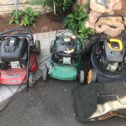 Job lot of 3 petrol lawnmowers. Selling as spares and repairs. Please note not in working order as all need some repairs but, motors all turn. You are purchasing what is pictured only.  You have a red mountfoeld 461hp. A petrol mower 40cmhp. TRY3.5SPLMA. And the mcculloch comes with a grass box M46-110R Classic. 