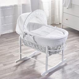 Moses basket with memory foam mattress only used a few times complete with rocking stand in white
