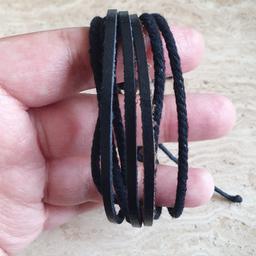 Mens Simple Black Leather Multi-layer Bracelet