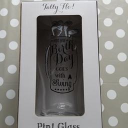 Birthday Pint Glass golf clubs on front, Brand New in the box. Collection Only No Delivery