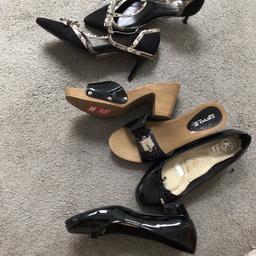 Ladies shoes size 4, 3 pairs, 1 sandal with high heel, 1 pair slip on brand new clog style with heel & 1 pair patent clark shoes with small heel, excellent condition £3 the lot, collection Mansfield