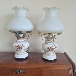 Pair of Bedside/Table Lamps approx 14" tall, one Shade has slight damage (see pic)