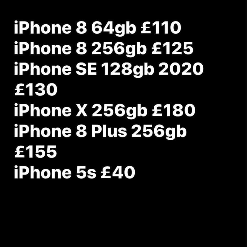 it’s available, Unlocked and excellent condition
Will provide warranty and receipt, You can text me or call me for further information on +447582969696

iPad 6th generation £145 32gb
iPad mini 16gb £45
iPhone 8 64gb £115
iPhone 8 256gb £135
iPhone SE 128gb £135
iPhone X 256gb £180
iPhone 8 Plus 256gb £155