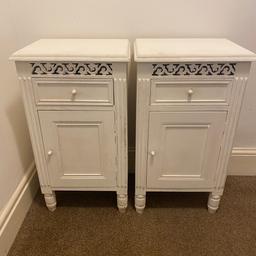 Pair of white bedside tables with cupboard & drawer, currently painted with old white chalk paint but you can paint to match decor