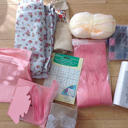 includes wool, material, ribbon, eyes for puppets, flower box and foam, a measure for quilt making and other bits
