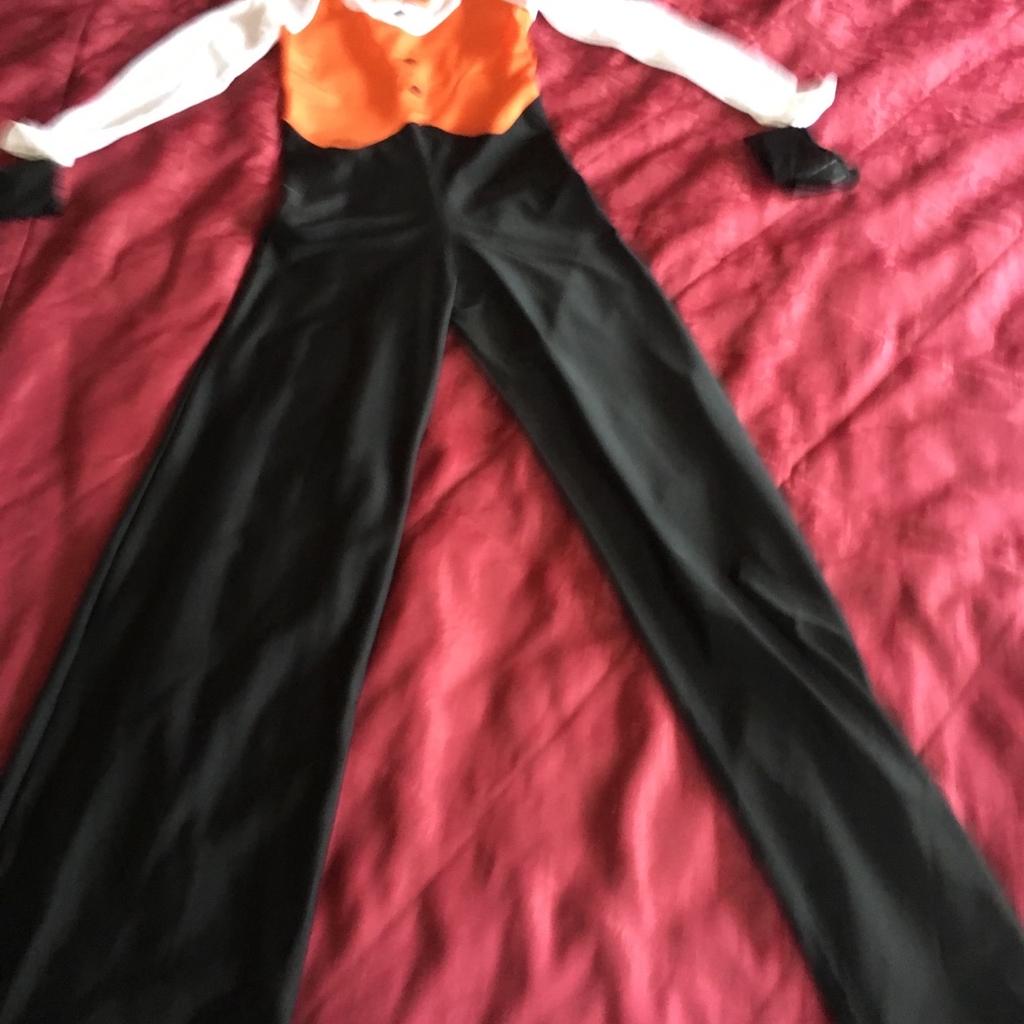 Black, White & Orange Lycra Dance Costume.
All in one Lycra costume.
Sizes - Trouser from top to bottom 40” inside leg 30” Waistline 22”
Arm shoulder to cuff 21” Top shoulder to waist 13”
Hat not included