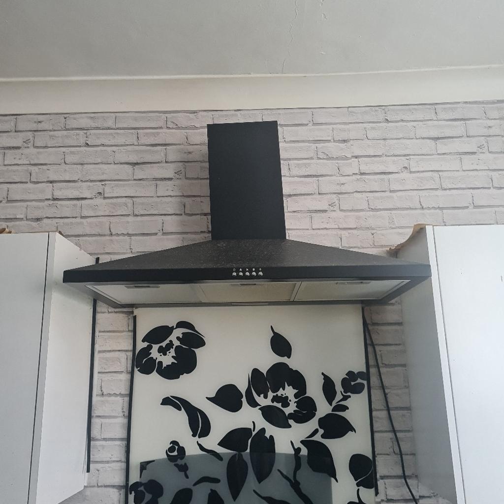 light 35.5 inch width 18 inch. installed nearly a year ago never got round to completing the full job due to ill health. I'm just selling the cooker hood. fully working just alittle dusty. can't remember what brand it is