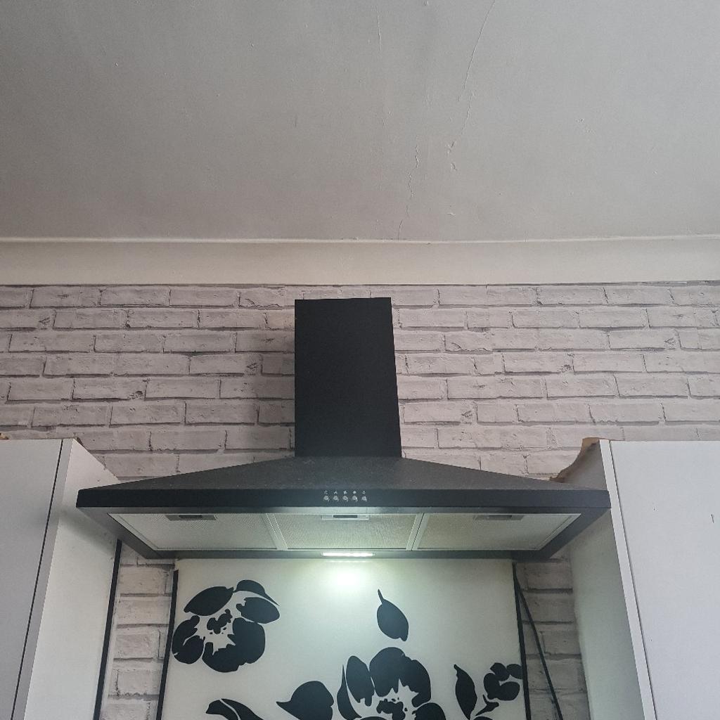 light 35.5 inch width 18 inch. installed nearly a year ago never got round to completing the full job due to ill health. I'm just selling the cooker hood. fully working just alittle dusty. can't remember what brand it is