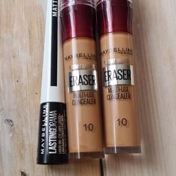 Brand New cosmetics products:
2x Maybelline eraser no 10
1x Maybelline lasting drama matte eye liner
Postage 1st class via Royal Mail