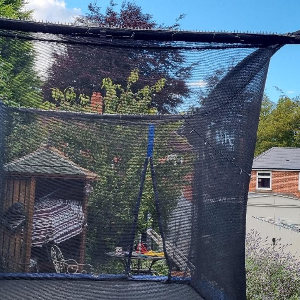 Rectangular 10 ft by 8ft trampoline .It folds down with the net to pack away in the winter and cover it (INCLUDED)to protect from the weather so no need to keep taking the net and poles down over winter as folds very easily.selling due to lack of use and needing space.Great to keep kids entertained.comes with hand made robust steel ground pins.very sturdy trampoline in very good condition.I will clean disassemble prior to pick up but buyer must collect.WILL NEED A LARGE BOOT ESTATE TYPE CAR OR VAN I will remove the lights and spikes i put on to prevent the pidgeons sitting on it.NO TIME WASTERS PLEASE AS ALREADY HAD PEOPLE MAKING OFFERS THEN WASTING TIME SO HAD TO RELIST ONLY GENUINE OFFERS IF WANTING TO BUY THANKS.