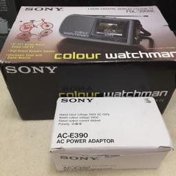 VINTAGE SONY COLOUR WATCHMAN TELEVISION AND DEDICATED SONY POWER SUPPLY UNIT. BOUGHT IN 1991. FULLY BOXED IN ORIGINAL PACKAGING. WORKS ON MAINS OR BATTERIES. ORIGINAL RECEIPTS INCLUDED. WATCHMAN COST £196.99 AND THE POWER SUPPLY £19.99. EXCELLENT CONDITION. FULLY WORKING ALTHOUGH NOW WILL A NEED DIGITAL TUNER INPUT TO RECEIVE TV CHANNELS. USED 3 OR 4 TIMES WHEN BOUGHT THEN STORED IN CUPBOARD SINCE. EVEN INCLUDES ORIGINAL SHOP CARRIER BAGS.