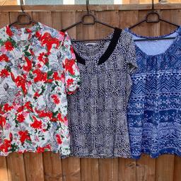 Hi, 3 ladies short sleeve tops, size 16/18.
1) Red & multi coloured top, small self coloured frill across & down the front, zip down the back, size 16, by Next,
2) blue, black & white patterned top, size 18,
by Alexara,
3) Cream, black and blue spotted print top, black around the neck, size 18, by Tu,
All in great condition,
£4.50 postage,
Thanks for looking