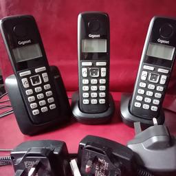set of 3 Gigaset cordless phones, including base chargers - one with phone socket connector.
Each handset requires 2X AAA rechargeable batteries (not included) can be used with normal batteries also.
Instructions for set up and usage included.