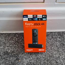 Amazon FireTV Stick 4K w/ Alexa Voice Remote, New Volume + TV Control, comes with Full Box & Acc.

Basically new sealed item & box, not needed anymore as I got new Smart TV so need it gone ASAP.

Tech Spec:

 8GB Memory
 4K

Apps & Features:

 BBC iPlayer
 4oD
 Netflix
 Amazon Instant
 Vimeo
 Rent movies

What's in the Box:

FireTV Stick 4K
Alexa Voice Remote w/ Vol control
UK AC Power Adapter
USB Cable
HDMI Extender
2x AAA Batteries
Manual

#Quick Sale & no offers, genuine buyers please#