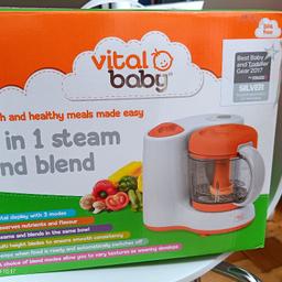 Steamer and blender for weaning baby.
Includes original box, instructions and recipe book.
-Only missing a measuring cup to add water to the steamer which you can use your own measuring jug.
-Box is slightly damaged from storage, please see pics.

Also including 8x 30ml/1 ounce freezer pots to store baby food.

Collection from SM1.
#summersale