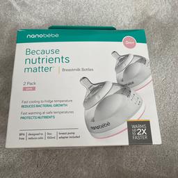Nanobebe breast milk bottles. 
Purchased a variety of bottles to try and get my breast fed baby onto the bottle but no joy! 
One bottle never used. One bottle attempted to use but baby wouldn’t take. So washed, sterilised and boxed up. 
£17.95 new. 
From a smoke a pet free home.