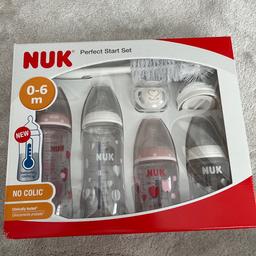 NUK perfect start set.
Purchased two sets to try and get my breast fed baby to take a bottle but no joy.
Complete set with bottle brush and dummy.
Temperature indicators on the bottle to ensure correct feeding temperature.
£32 new.