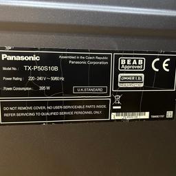 50” Panasonic tv, model TX-P50s10b, 50” display, full HD, tech plasma and resolution 1920x1080 pixl
Width (with stand) 1218mm
Depth(with stand) 401mm
Height(with stand) 814mm