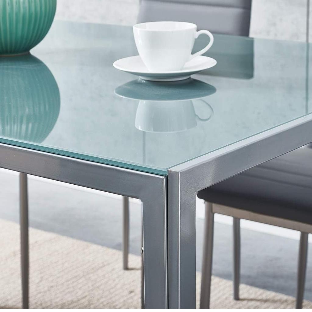 Grey 4/6 Seater Glass Dining Table Home Kitchen Furniture Table
Table only.

L120cm x W80cm x H75cm

Flat pack boxed Assembly required

Local delivery can be arranged with extra cost depending on your post code