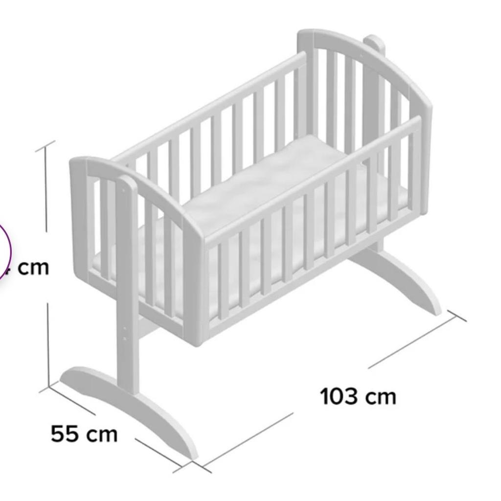 Unused and in very good condition.

Obaby’s Sophie swinging crib brings the sweetest of dreams to your little one, providing parents with the perfect environment for babies to stay snug and sleep soundly from birth up to approximately six months. Featuring a gentle rocking motion, the Sophie carefully swings your child into slumber, soothing and calming them as they fall. Further to this, the crib can then be placed easily into a locked static position so your little one’s bedtime is not disturbed
