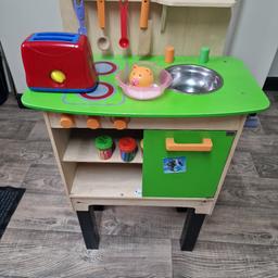 Wooden kitchen toy. Toaster not included  just the spoons. One door is missing otherwise still plenty of life left in it. Ideal toy to keep little ones busy. Open to offers. Also have a lovely wooden dollhouse (see my listed items) so could buy as a bundle at discounted price. Sold as seen so No returns accepted. Thanks