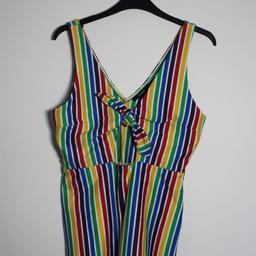 Rainbow Striped Tie-Front Romper / Playsuit from Forever 21.
Knit romper / playsuit with rainbow striped pattern, tie-front and front cutout.

Brand new without tags, never been worn, only tried on.
Size M but as it's tie front and stretch fit it is quite adjustable, fits UK sizes 8, 10, 12
73% polyester, 24% rayon, 3% spandex / elastane

#summer #rainbow #multicolour #stripes #lgbt #pride 