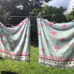 Gorgeous next curtains . 53x54  lively multicoloured curtains. Turquoise with pink roses and pink gingham tab tops. Multi spots in different colours to hemline . So pretty . Great curtains .