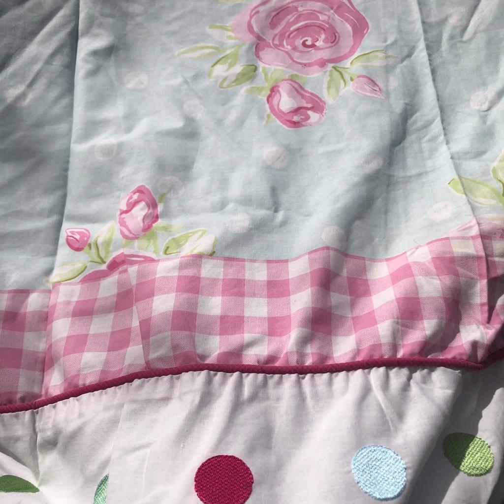 Gorgeous next curtains . 53x54 lively multicoloured curtains. Turquoise with pink roses and pink gingham tab tops. Multi spots in different colours to hemline . So pretty . Great curtains .