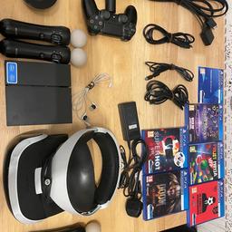 PlayStation VR bundle comes with headset, earbuds, camera, ps4 controller, 6 games (as pictured) 1 working motion controller, charging dock and all cables, all in very good condition. There are 2 non working motion controls too if you would like them. Buyer to collect from B773pg.