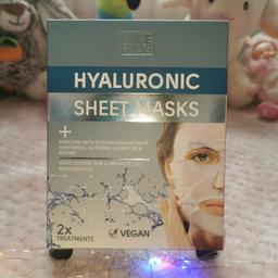 HYALURONIC SHEET MASKS
  Enricheda with sodium
Hyaluronate, Panthenol, Glycerin, Allantoin & Betaine
Helps soothe skin & promote cell regeneration
Price for one the inside box that has 2 masks for 1 £
Price for full  that has 12 boxs that has 24 masks for 10 £
