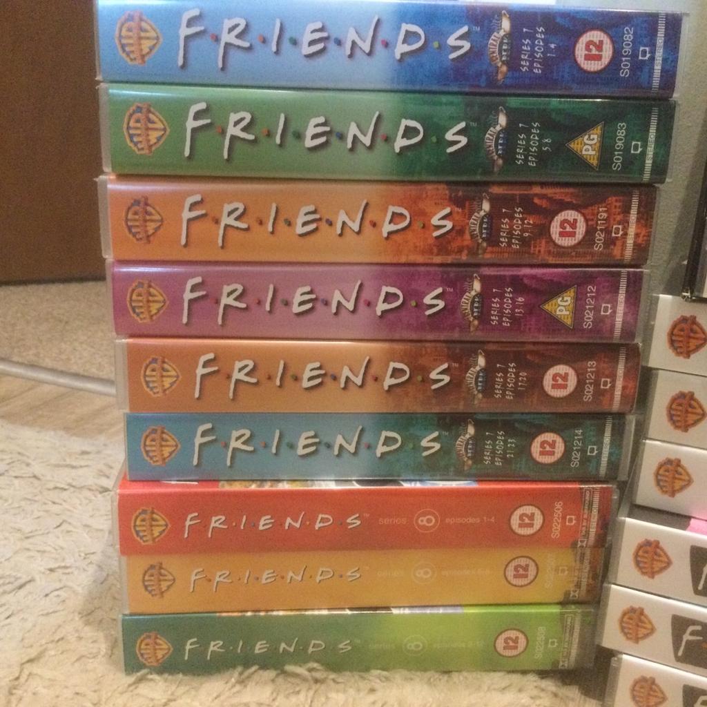 Selection of Friends videos (VCR), complete series from 1 to 7, and first half of series 8:

Series 1: 1 to 24
Series 2: 1 to 24
Series 3: 1 to 25
Series 4: 1 to 23
Series 5: 1 to 23
Series 6: 1 to 24
Series 7: 1 to 23
Series 8: 1 to 12

From smoke free and pet free (no dogs/cats) home. Cash on collection only from Bourne, PE10. Thanks for looking!