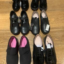 brand new - PRICES BELOW
black school shoes
all half price or less 
NEXT BLACK PUMPS £5

MARY JANE STYLE £15 (MIDDLE ROW)
BROGUES £15 EACH 

TOP ROW 
PATENT BUCKLE LESS THAN HALF PRICE £10